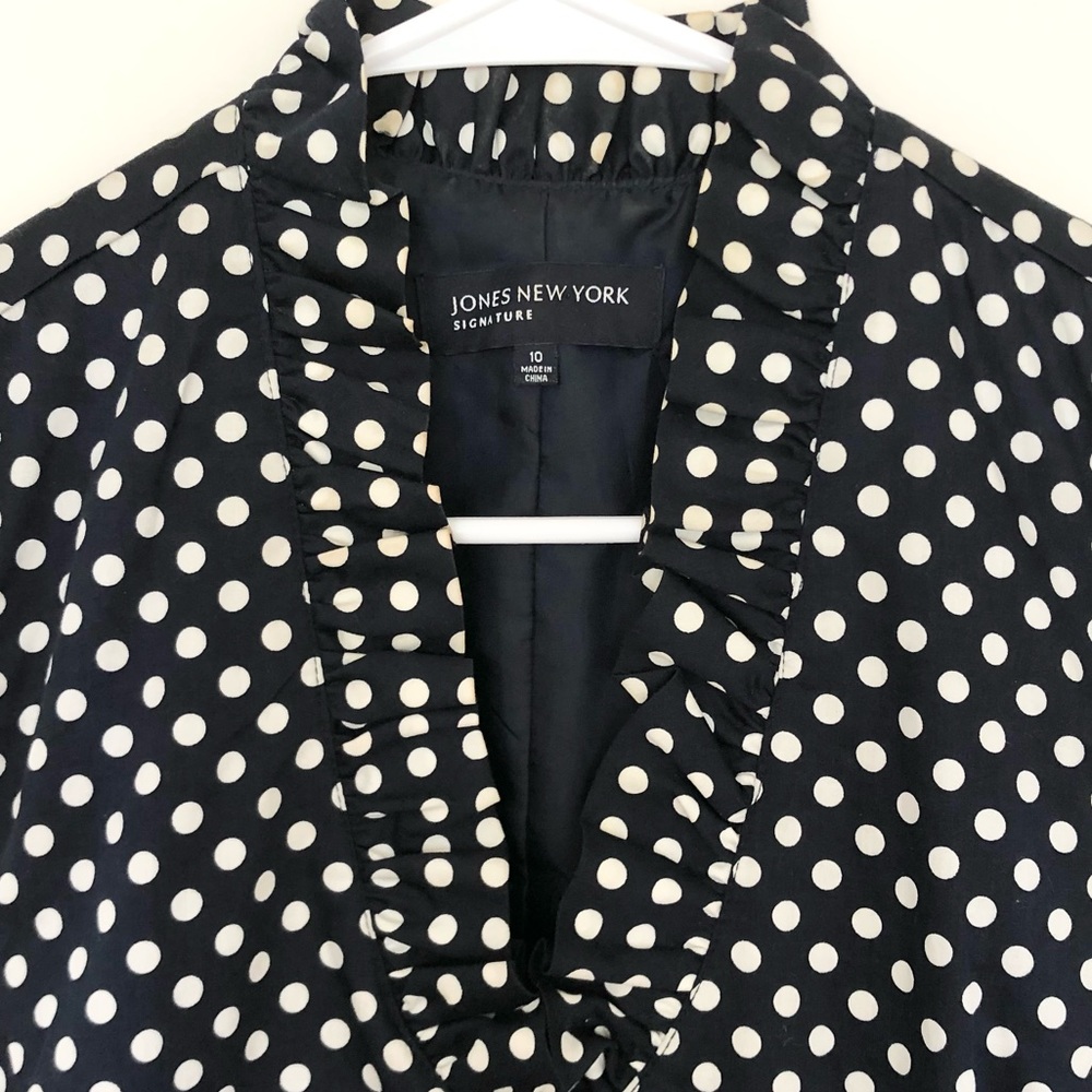 Navy Blue White Polka Dot V-Neck Ruffle Dress - Picture 7 of 9